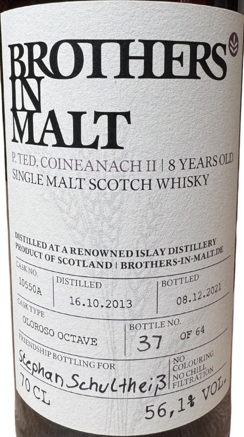 Islay Single Malt Scotch Whisky 2013 BIM P.TED. Coineanach II Stephan Schultheiss 56% 700ml