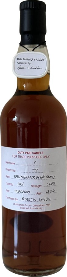 Springbank 2009 Duty Paid Sample For Trade Purposes Only 54% 700ml