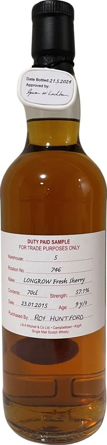 Longrow 2015 Duty Paid Sample For Trade Purposes Only 57.1% 700ml