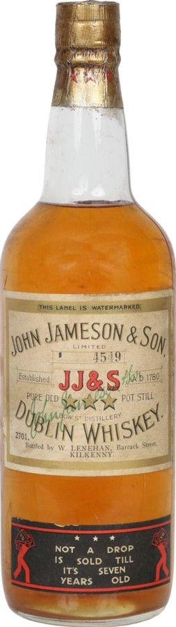 John Jameson & Son 7yo 3 Star Pure Old Pot Still W. Lenehan Barrick St. Kilkenny 40% 700ml