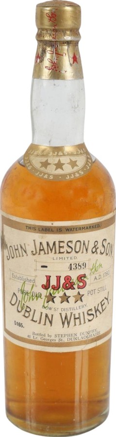 John Jameson & Son 7yo 3 Star Whisky Pure Pot Still Stephen Dunphy. 41 Lr George's St. Dun Laoghaire 40% 700ml