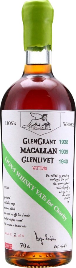 Lion's Vat Charity Cask Glen Grant 1938 Macallan 1939 Glenlivet 1940 Bottled for Diego Sandrin 45.4% 700ml