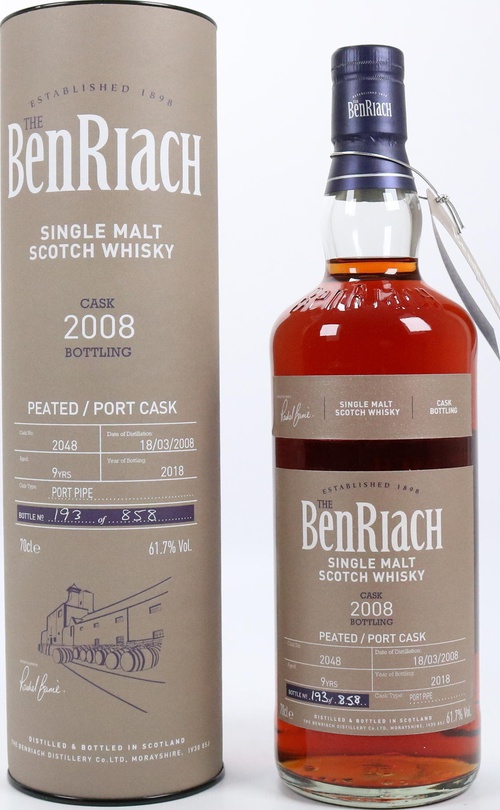BenRiach 2008 Peated Single Cask Bottling Batch 15 Port Pipe #2048 61.7% 700ml