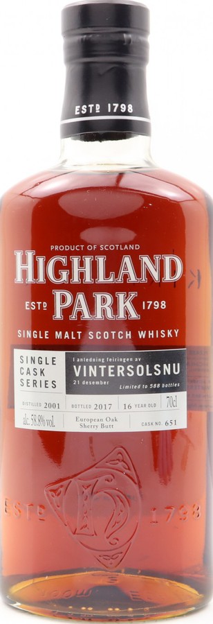 Highland Park 2001 Single Cask Series European Oak Sherry Butt #651 Vintersolsnu 21. desember 58.8% 700ml