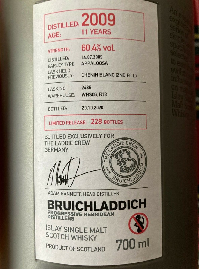 Bruichladdich 2009 Micro-Provenance Series 11yo Chenin Blanc 2nd Fill #2486 Laddie Crew Germany 60.4% 700ml