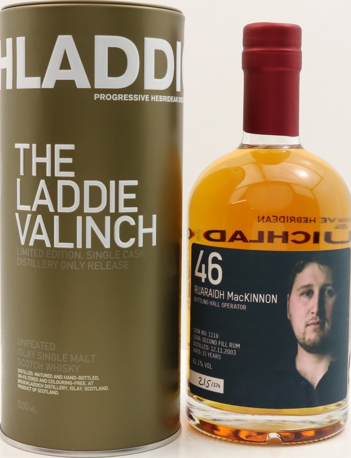 Bruichladdich 2003 Laddie Crew Valinch 46 Ruaraidh MacKinnon 2nd Fill Rum Cask #1118 Distillery only 61.1% 500ml