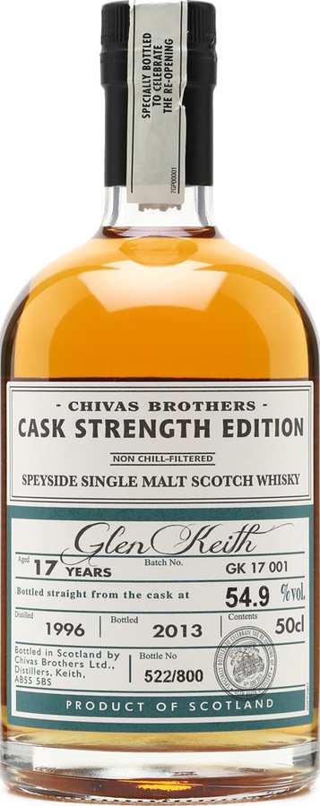 Glen Keith 1996 Chivas Brothers Cask Strength Edition Batch GK 17 001 54.9% 500ml