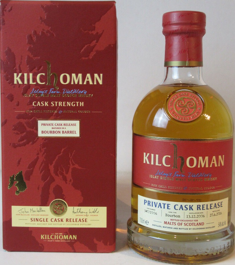 Kilchoman 2006 Private Cask Release Bourbon Barrel 347/2006 Malts of Scotland Exclusive 54% 700ml