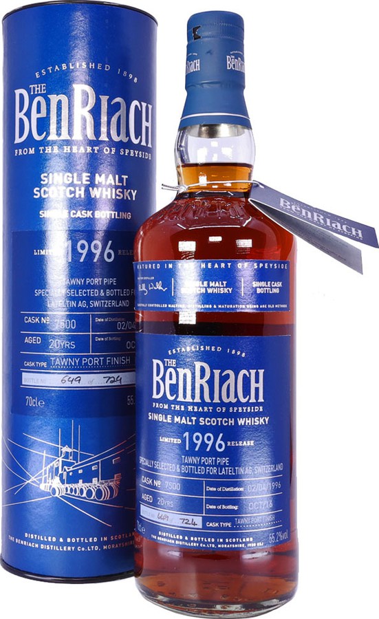 BenRiach 1996 Single Cask Bottling Tawny Port Pipe #7500 Lateltin AG Switzerland 55.2% 700ml