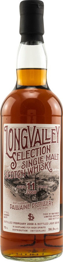 Dailuaine 2008 HSD Longvalley Selection 1st Fill Sherry Butt 08/1062/4 56.5% 700ml