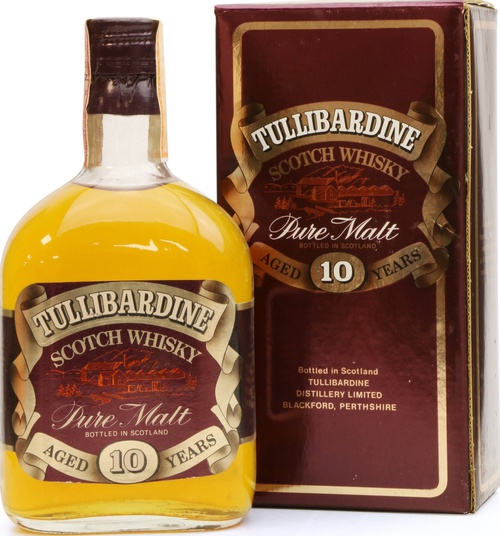 Tullibardine 10yo Pure Malt square bottle round neck red label Enrico Pescarmona Torino 40% 750ml