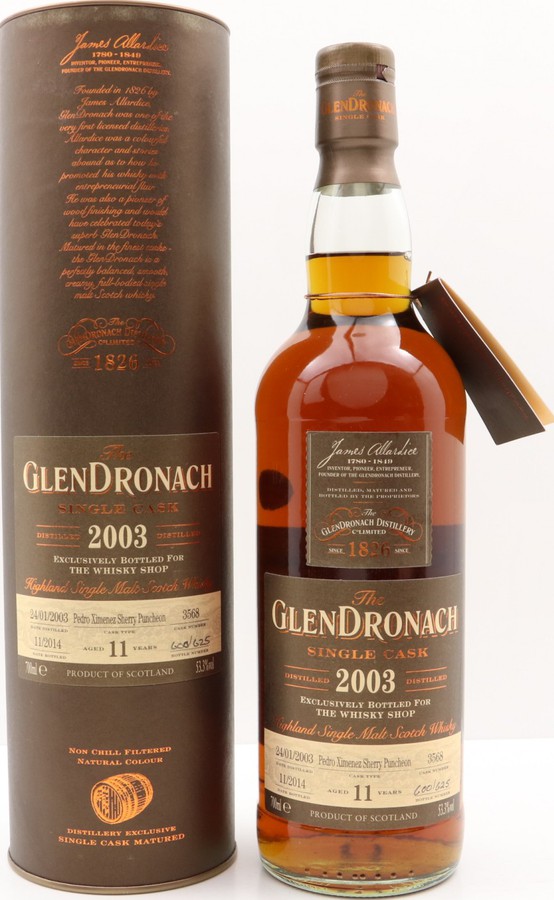 Glendronach 2003 Single Cask Pedro Ximenez Sherry Puncheon #3568 The Whisky Shop 53.3% 700ml