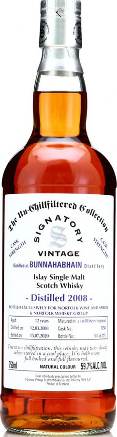 Bunnahabhain 2008 SV The Un-Chillfiltered Collection 1st Fill Sherry Hogshead #1158 Norfolk Wine and Spirits 59.7% 750ml
