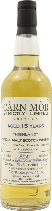 Arran 1996 MMcK Carn Mor Strictly Limited Edition Refill Sherry Butt 46% 700ml