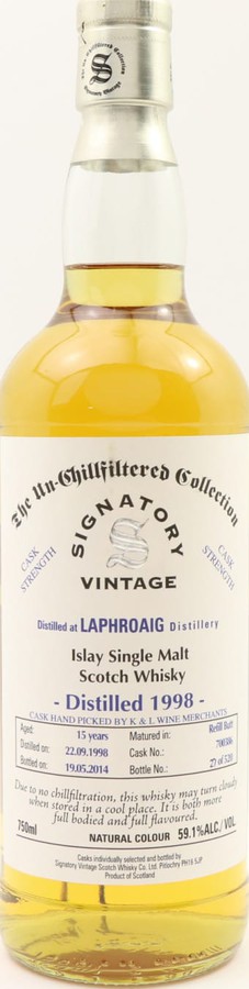 Laphroaig 1998 SV The Un-Chillfiltered Collection Cask Strength Refill Sherry Butt #700386 K&L Wine Merchants 59.1% 750ml