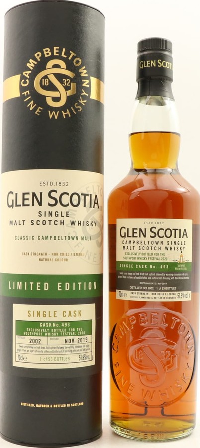 Glen Scotia 2002 Single Cask Refill Sherry Butt #493 Southport Whisky Festival 2020 51.9% 700ml