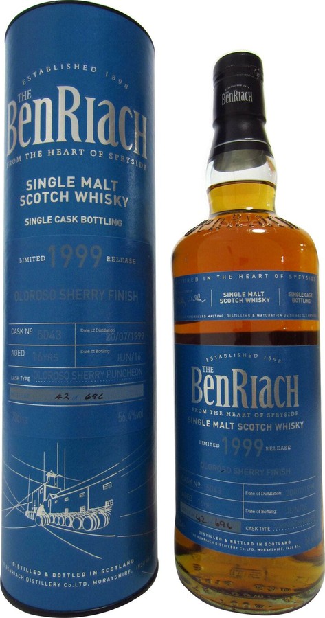 BenRiach 1999 Single Cask Bottling Oloroso Sherry Puncheon #6160 54.3% 700ml