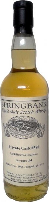 Springbank 1998 Private Cask no.398 14yo Refill Bourbon Hogshead 56.5% 700ml