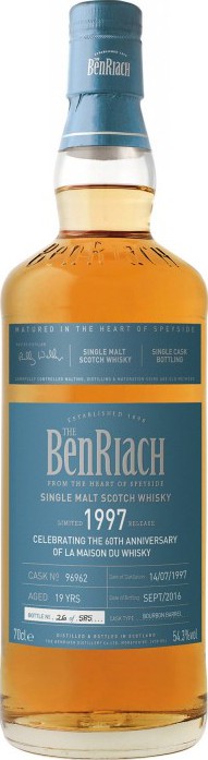 BenRiach 1997 Single Cask Bottling 19yo #96962 60th Anniversary of LMDW 54.3% 700ml