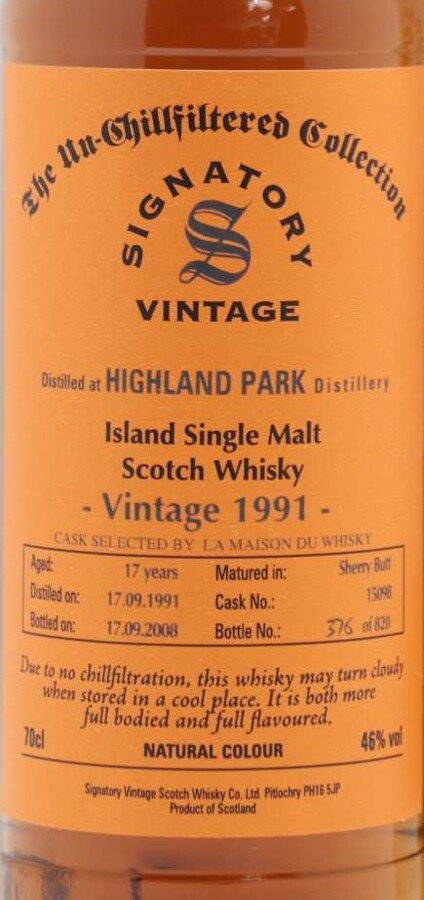 Highland Park 1991 SV The Un-Chillfiltered Collection LMDW 17yo Sherry Butt #15098 46% 700ml