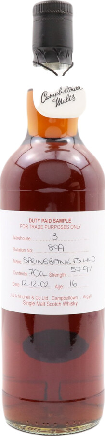 Springbank 2002 Duty Paid Sample For Trade Purposes Only 16yo Fresh Sherry Hogshead Rotation 899 57.9% 700ml