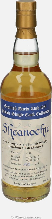 Arran 2012 Sheanochie Private Single Cask Collection Bourbon Barrel #1152 Scottish Darts Club 1981 50% 700ml