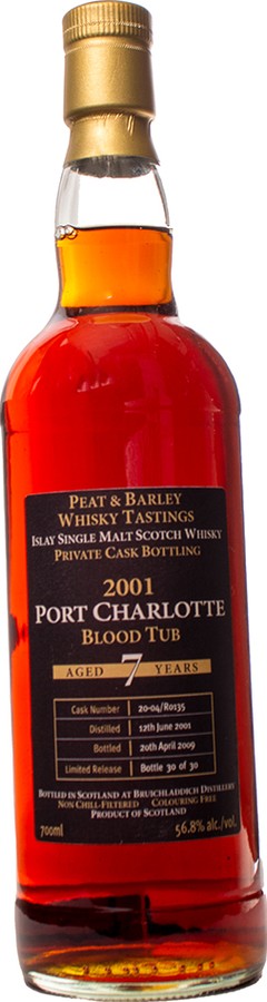 Port Charlotte 2001 Blood Tub Private Cask Bottling Fresh Sherry 20-04/R0135 Peat & Barley Whisky Tastings 56.8% 700ml