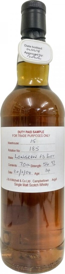 Longrow 2004 Duty Paid Sample For Trade Purposes Only First Fill Sherry Butt Rotation 185 56.9% 700ml