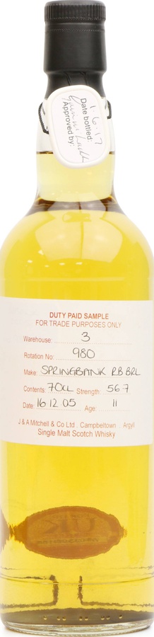 Springbank 2005 Duty Paid Sample For Trade Purposes Only Refill Bourbon Barrel Rotation 982 56.7% 700ml
