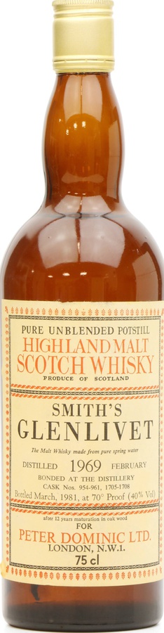 Glenlivet 1969 Smith's Pure Unblended Potstill Highland Malt Scotch Whisky Oak Wood 954 61, 1705 08 40% 750ml