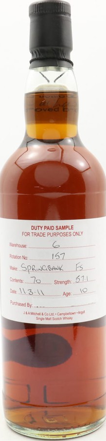 Springbank 2008 Duty Paid Sample For Trade Purposes Only Refill Ex-Bourbon Hogshead Rotation 253 57.1% 700ml