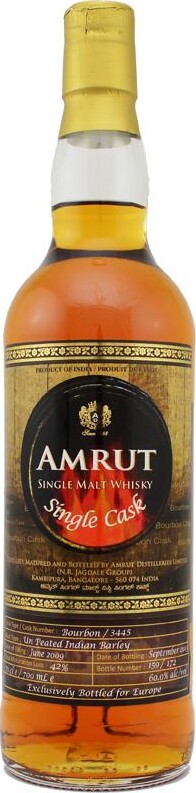 Amrut 2009 Single Cask Bourbon #3445 Europe 60% 700ml