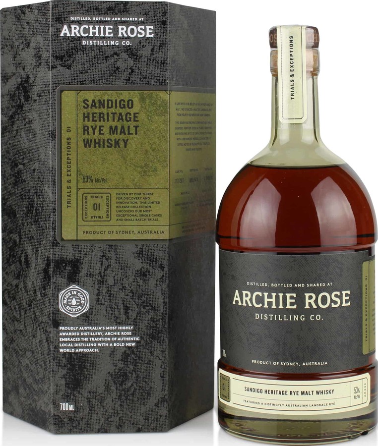 Archie Rose Sandigo Heritage Rye Malt Whisky Air-Dried Virgin American Oak 53% 700ml