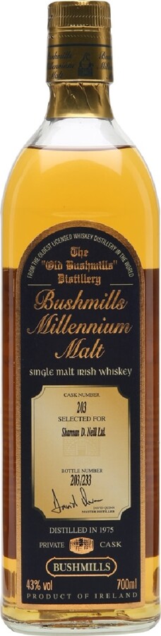 Bushmills 1975 Millennium Malt Cask no.203 Selected for Sharman D. Neill Ltd. 43% 700ml