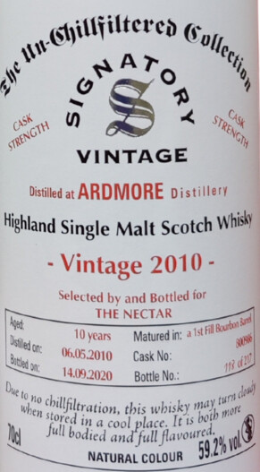 Ardmore 2010 SV The Un-Chillfiltered Collection Cask Strength Bottled for The Nectar 10yo 59.2% 700ml