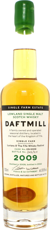 Daftmill 2009 First Fill Bourbon Luvians @ The Fife Whisky Festival Cask 031/2009 58.6% 700ml